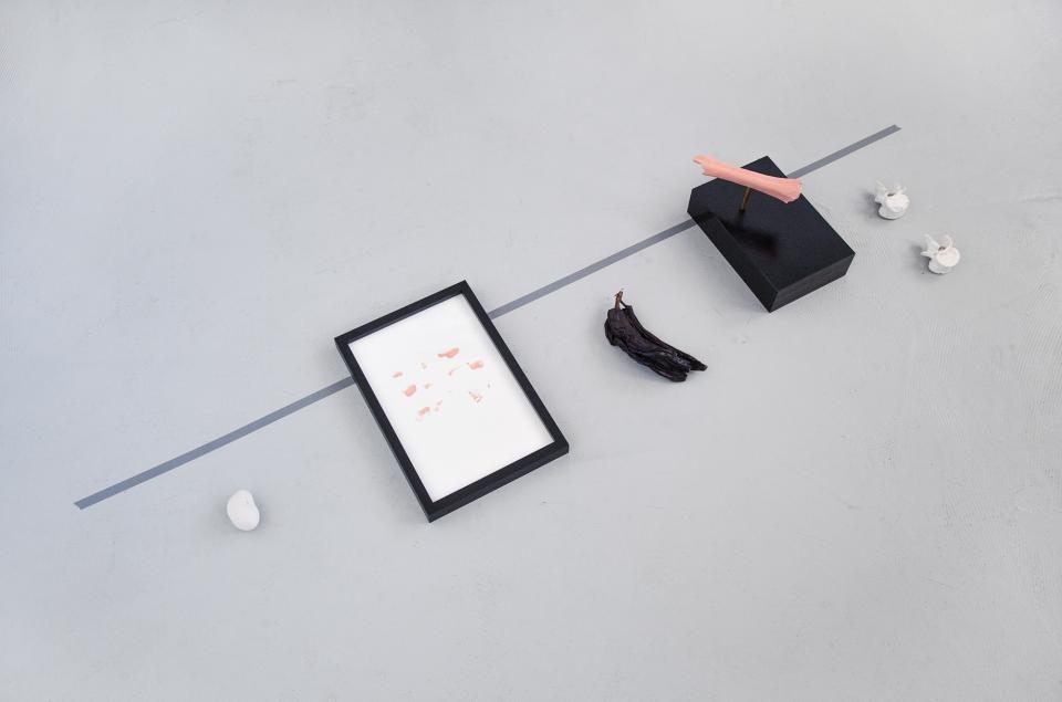 5 things on a line, 2019,Objects: 1. fired clay, 2. drawing, black wooden frame, 3. dried bananas, 4. bones, acrylic paint, brass rod, MDF, black lacquer, 5. plaster, adhesive tape,ca. 150 x 40 cm